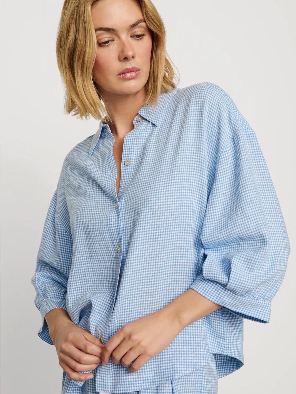 Eberjay Linen Blend Relaxed Top Size M Gingham White/Summer Blue